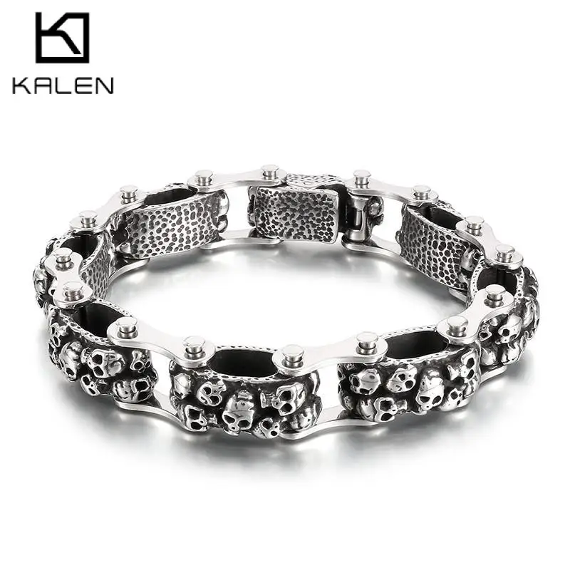 

Kalen Stainless Steel Skull Men's Bracelet Punk Silver Color Gothic Skeleton Chain Bangle Thick Bracelet for Men Party Jewelry
