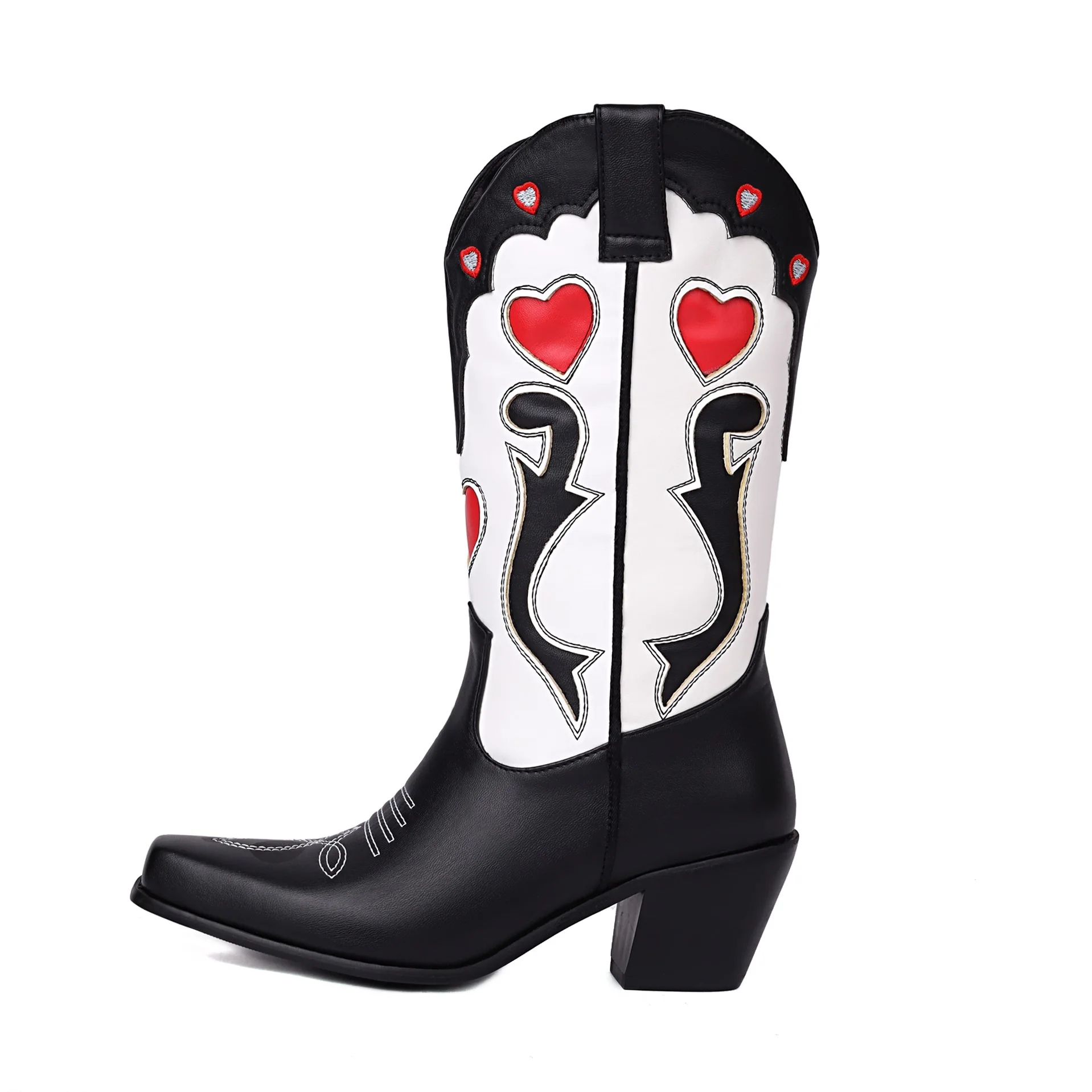 

【ENMAYER】Heart Shaped Embroidered Fashion Western Boots with Square Head Cone Shaped Thick Heels Sewing Women's Mid-Calf Boots