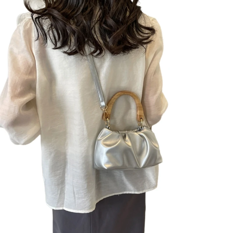 Women Bag PU Leather Shoulder Bag Ruched Crossbody Bag Simple Handbag and Purse E74B