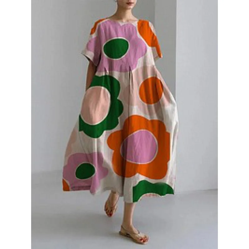Loose Flower Print Dress for Women Summer Fashion Casual Streetwear Short Sleeved O-neck Swing Skirt Dress Female Party Vestidos