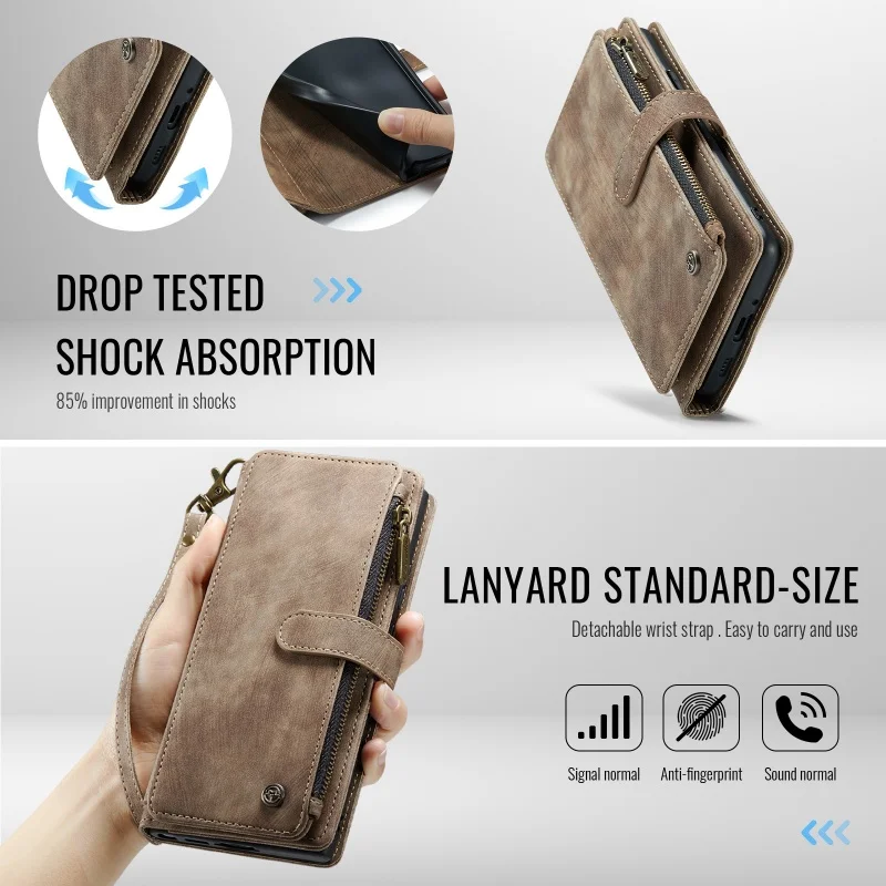 Leather Zipper Wallet Phone Case with Lanyard and Card Holder