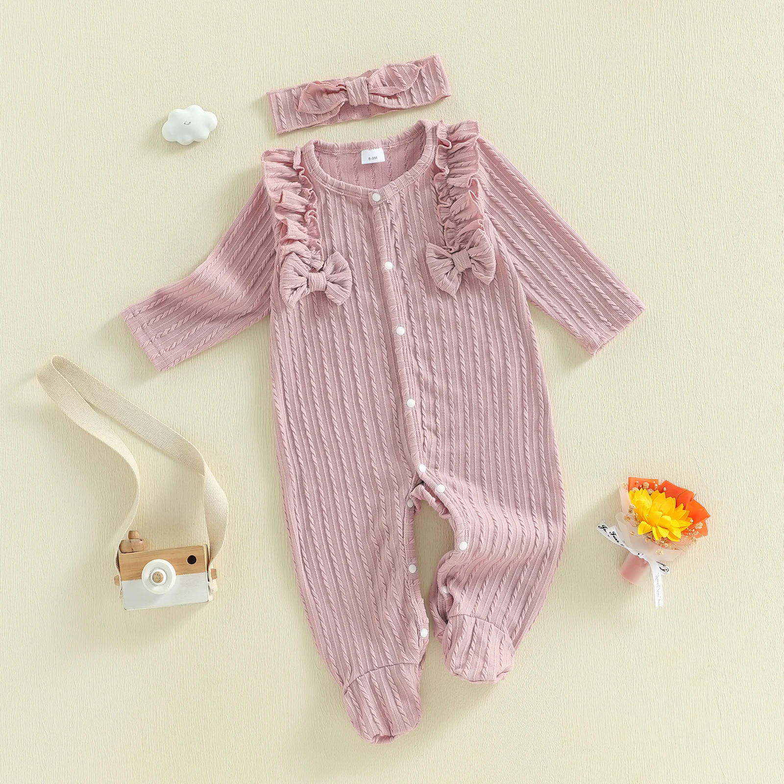 Baby Girl Footed Romper Duck Solid Color Bow Ruffled Long Sleeve Round Neck Jumpsuit with Bow Headband 4