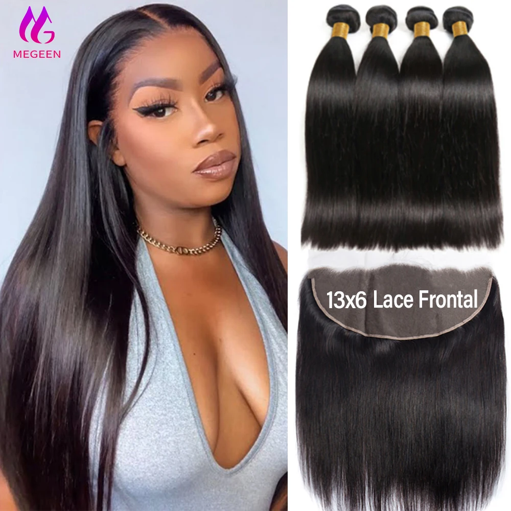 

Megeen 30 Inch Straight Human Hair Bundles With Closure 13X6 Hd Transparent Lace Frontal With Bundles Brazil Remy Hair Extension