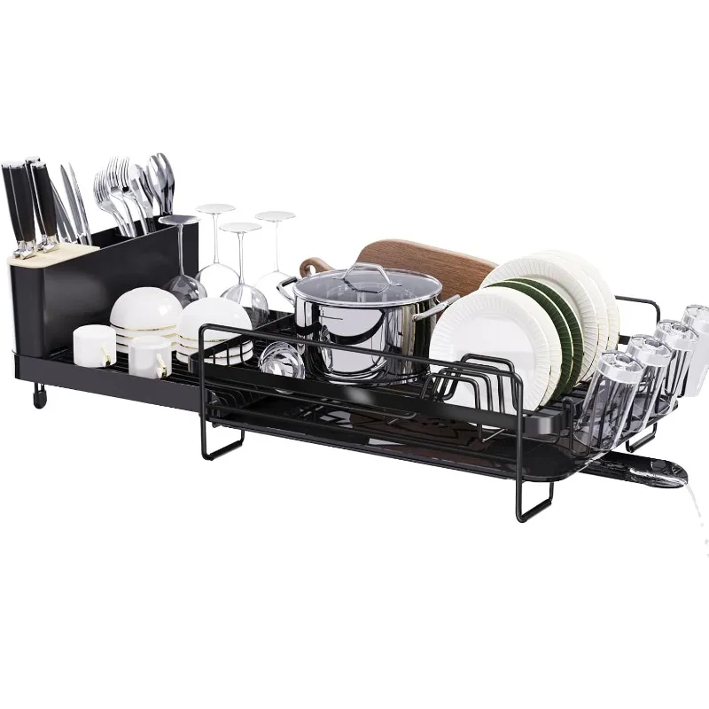 

Runnatal Large Dish Drying Rack with Drainboard Set, Extendable Dish Rack, Utensil Holder, Cup Holder, Expandable Dish Drainer