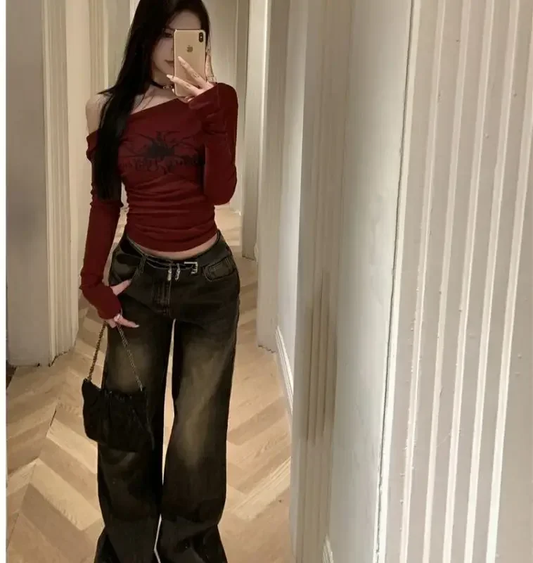 Camisetas de manga larga con cuello oblicuo para mujer, camisetas vintage sexys ajustadas, ropa de calle Y2k, camisetas para mujer, ropa nueva de primavera y verano