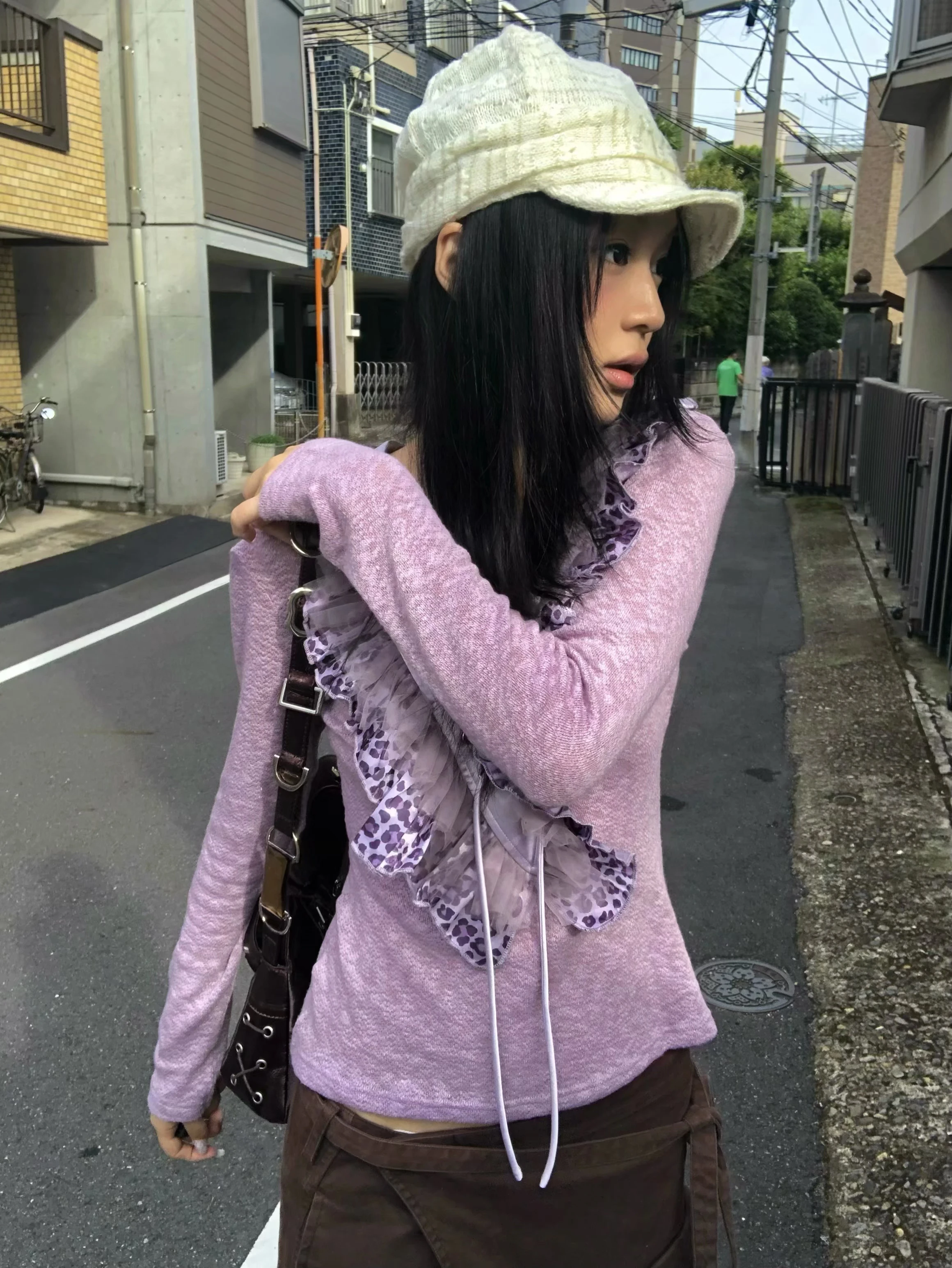 Karrram Japanische Y2k Rüschen Gestrickte Tops Vintage Harajuku Langarm V-Ausschnitt Strick T-Shirt Trashy 2000er Jahre Schnürung Lila Strickwaren – Detail 8