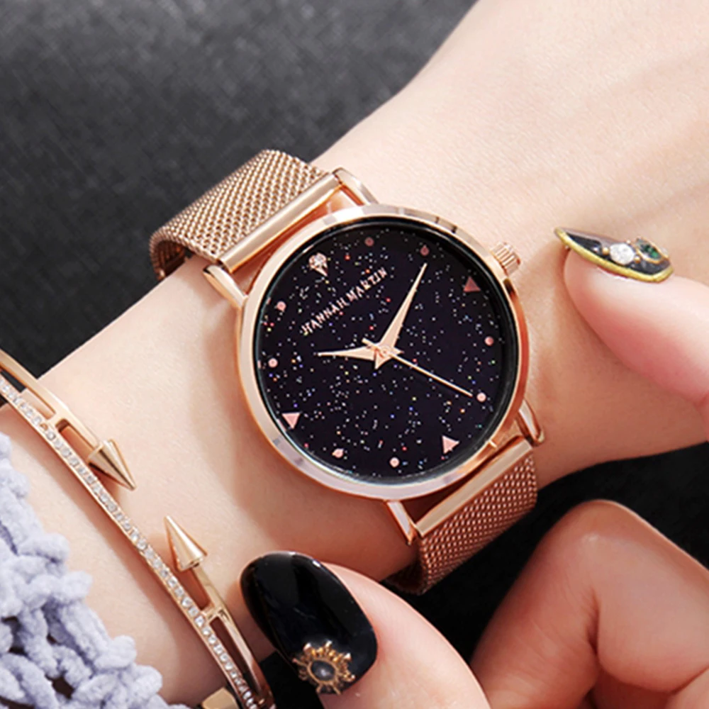 HANNAH MARTIN Brand Fashion Women Watch Luxury Rhinestone Starry Sky Dial Ladies Waterproof Stainless Steel Strap Couple Watch 3