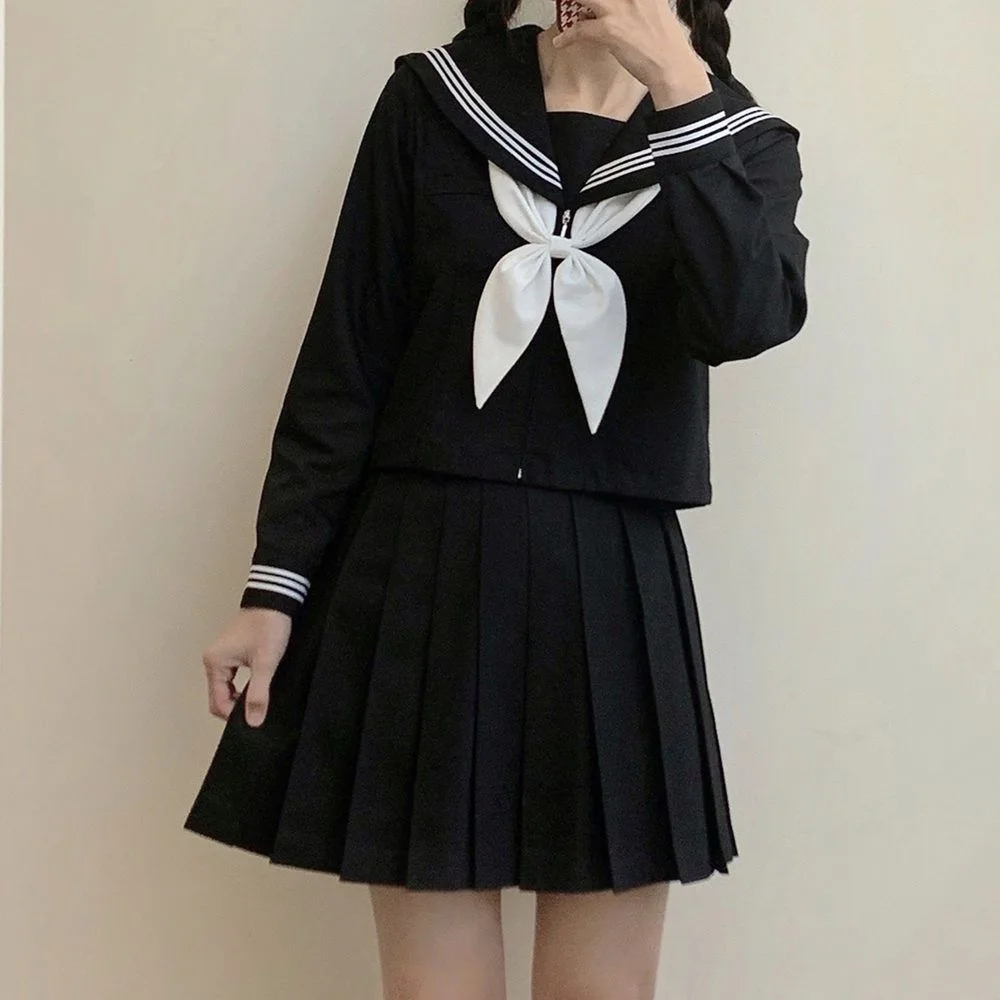 Japanese School Uniforms Style Student Girls Navy Costume Women Sexy Black JK Long Dress Suit Sailor Blouse Pleated Skirt Set japanese school uniform japanese schoolgirl skirt japanese women dress