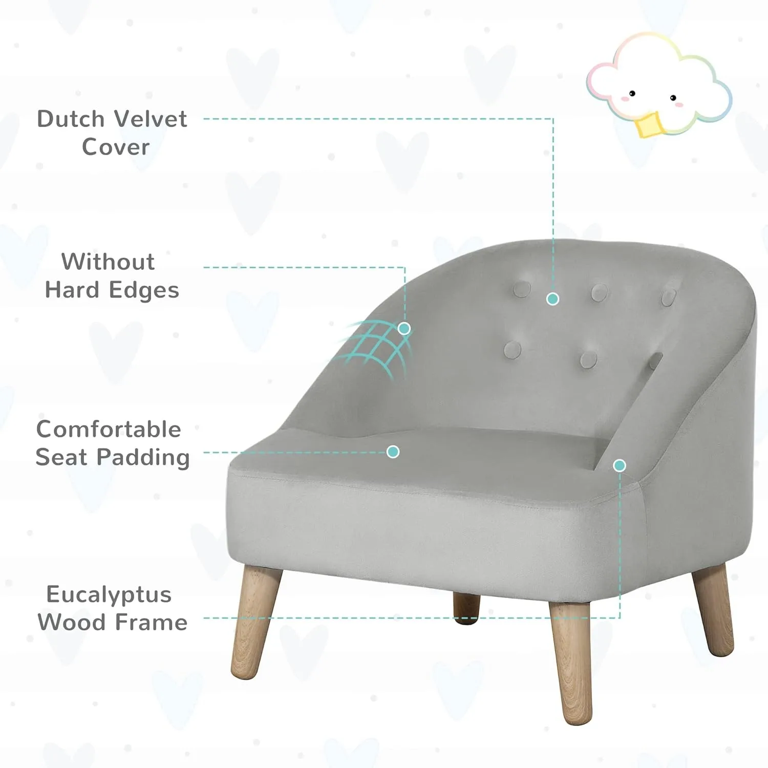 Qaba Kids Sofa Set, Toddler Chair, Sofa & Ottoman for Bedroom, Playroom, Children's Couch for 3-5 Years, Grey 5
