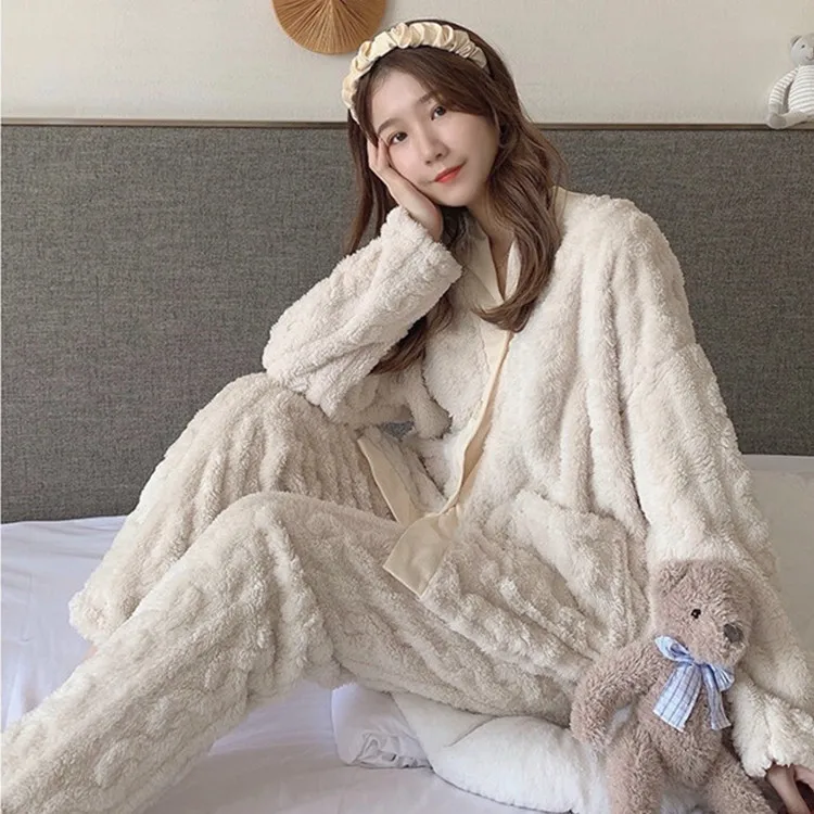 

Flannel Women's Pajamas Set Winter Long-sleeved Coral Fleece Princess Warmth Thickening Home Service Suit Pajamas for Women