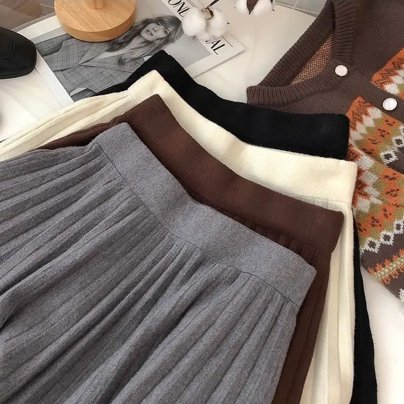 High Waist Mini Skirt Women Knitting Pleated A-line Thicken Loose Korean-style Hotsweet Girls Gentle Elegant Chic Leisure Solid 5
