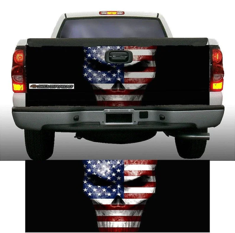 

American flag skull black tailgate wrap vinyl graphic decal