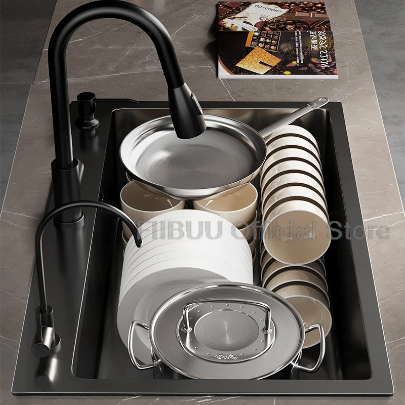 Black Stainless Steel Kitchen Sink Large Capacity Single Bowl Thickened Handmade Multifunctional Basin With Multiple Accessories