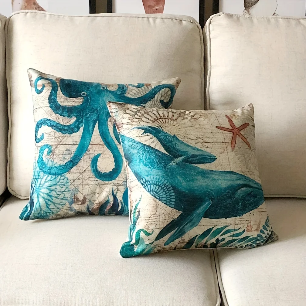 1pc Cove Single Side Square CushionCovers Seahorse Whale Starfish Turtle Blue Ocean Square Throw PillowCover Linen Material 2