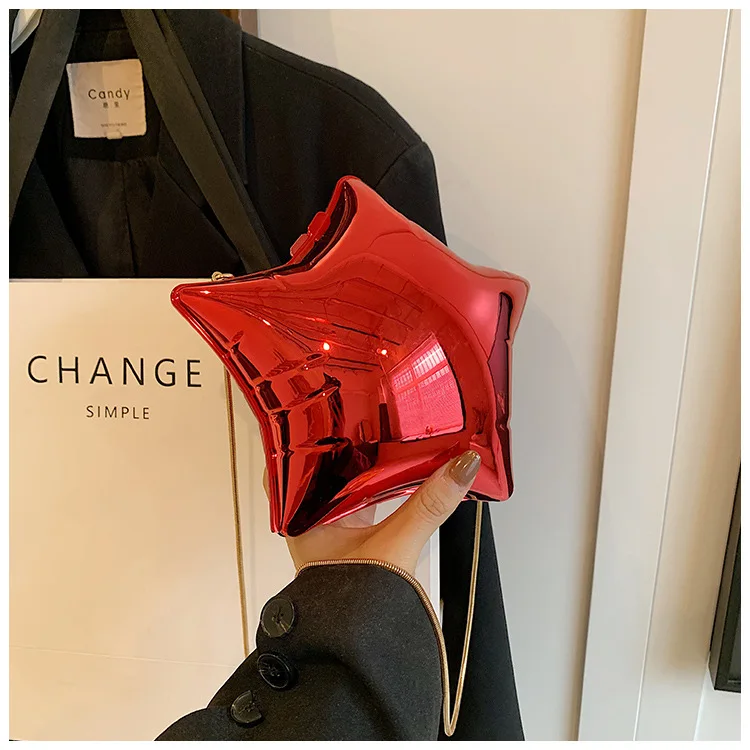 Niche Design Gold And Silver Chain Women's Evening Bag 2024 New Bright Face Five Pointed Star Shoulder Bag Funny Party Bag