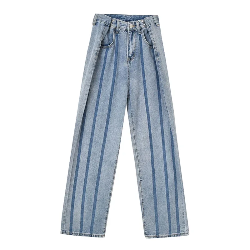 Korean Style Contrast Color Striped Long Jeans 2024 Summer Harajuku High Waist Trousers Loose Fashion Chic Denim Wide Leg Pants