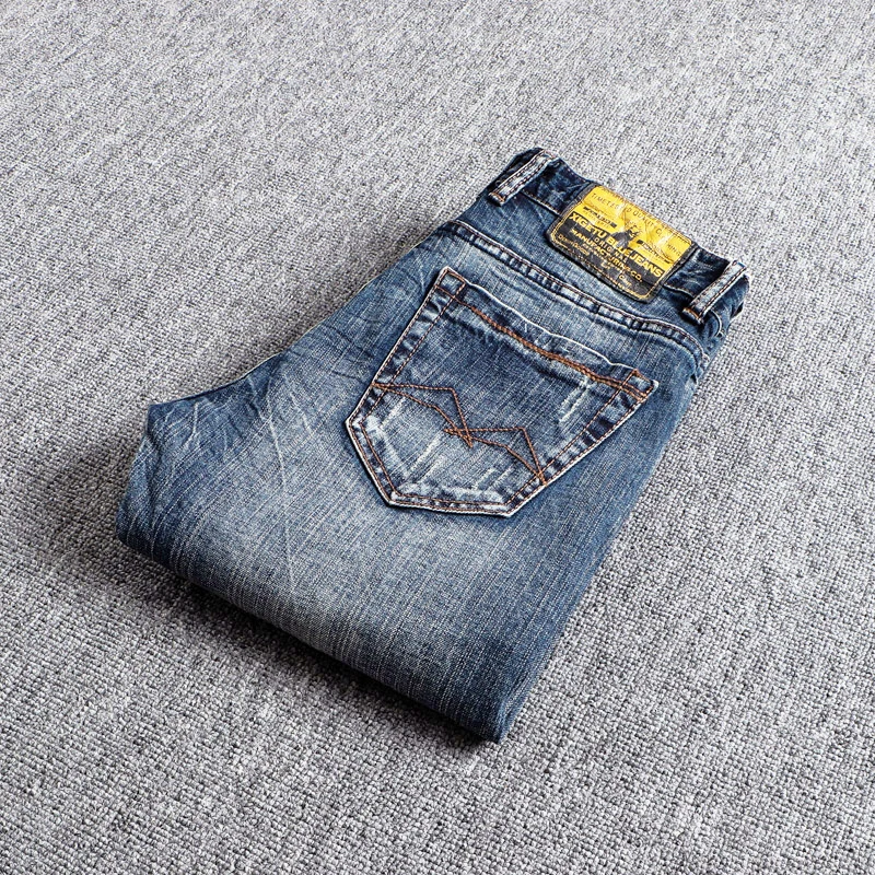 Italian Style Fashion Men Jeans Retro Blue Elastic Slim Fit Ripped Jeans Men High Quality Vintage Designer Denim Pants Hombre