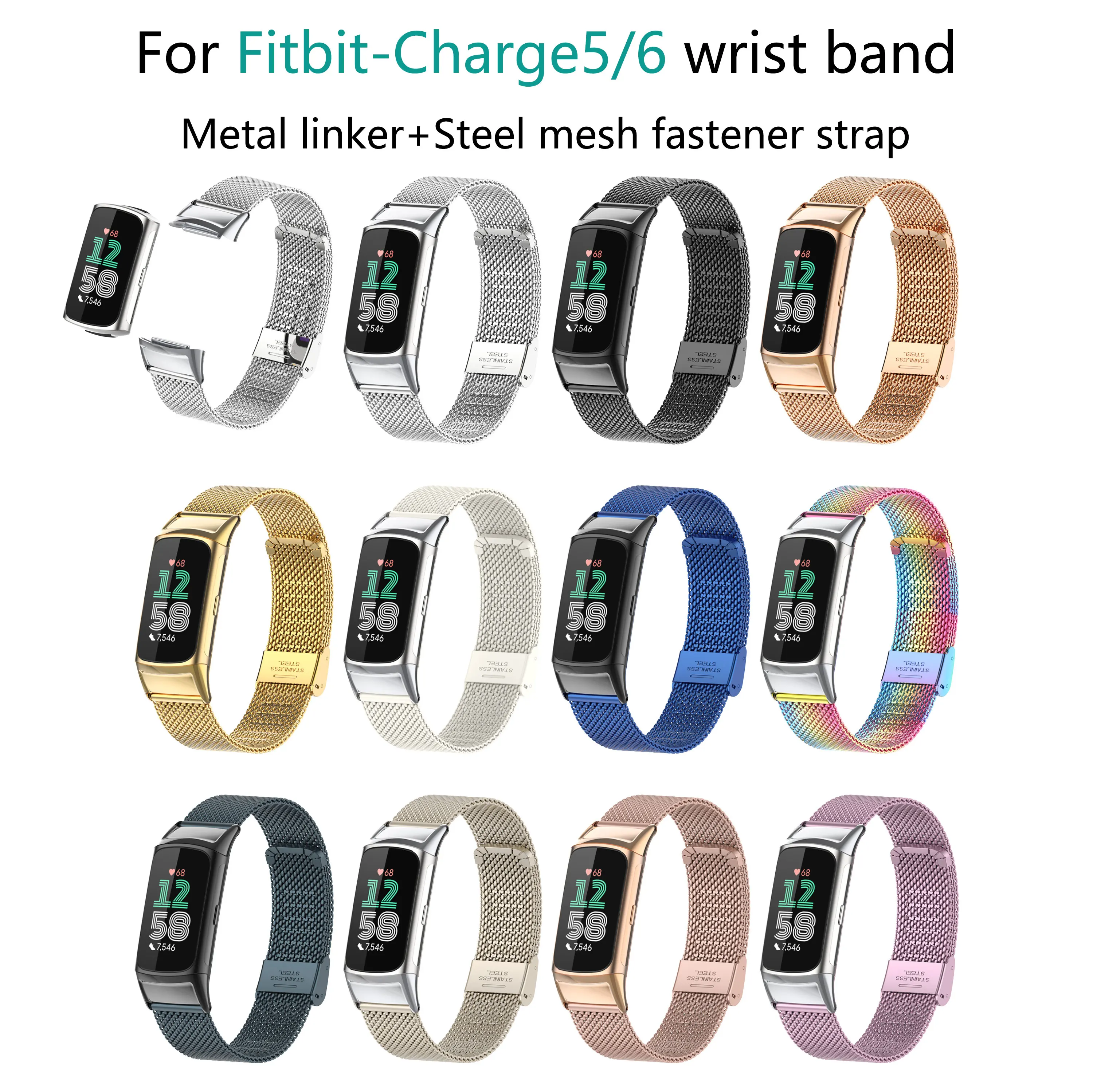 Cinturino magnetico in rete compatibile con Fitbit Charge 5/Charge 6, cinturino in metallo regolabile in acciaio inossidabile, cinturini di ricambio per Charge 6/Charge 5 Activity Tracker per donne e
