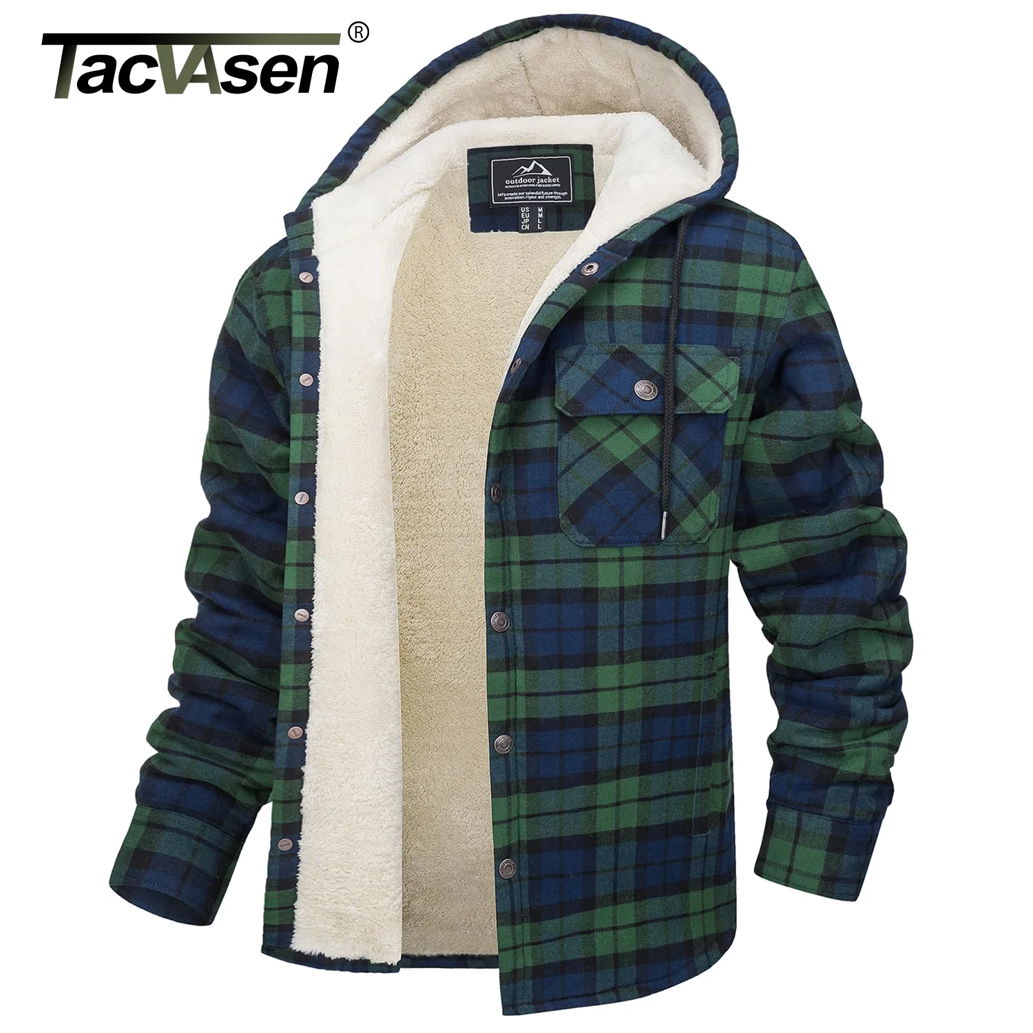 Mens Sherpa Lined Flannel Jacket Heavyweight Hooded Fleece Jacket Thicken Warm Button Down Plaid Outwear Coats