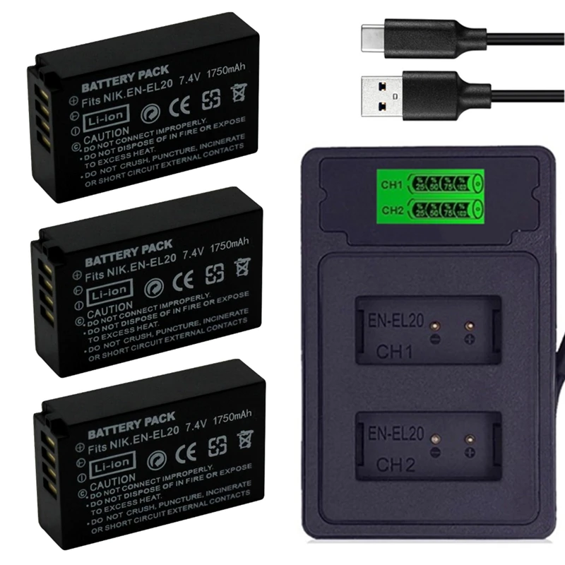 El20 El20A 1750Mah Batteria + Caricabatterie En-El20 En-El20A Per Fotocamera Nikon Coolpix P1000 P950 1 J1 J2 J3 Aw1 Dl24-500