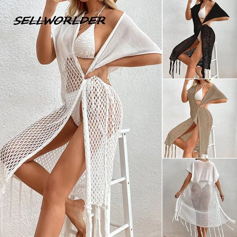 

2023 Woman Summer Sunscreen white hollow sexy blouse Beach Swimsuit Bikini Sun Protection tassel Top
