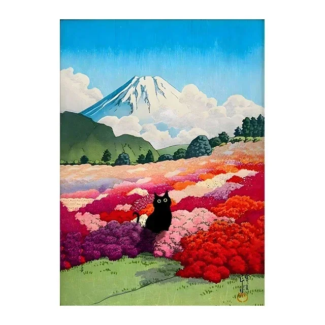 Whimsical Starry Night Cat Canvas Art - Colorful Abstract Floral Decor