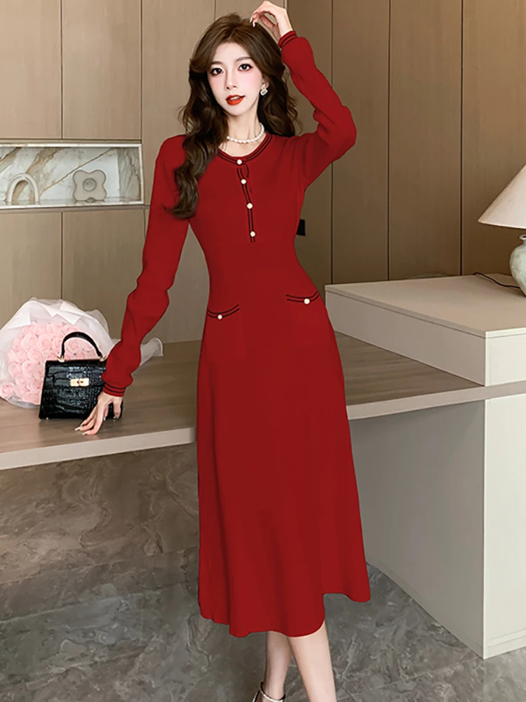 

Red Knitted Chic Diamonds Elegant Ruffled Long Dress for Ladies Autumn Winter Thick Warm Sweater Dress 2023 Elegant Party Dress