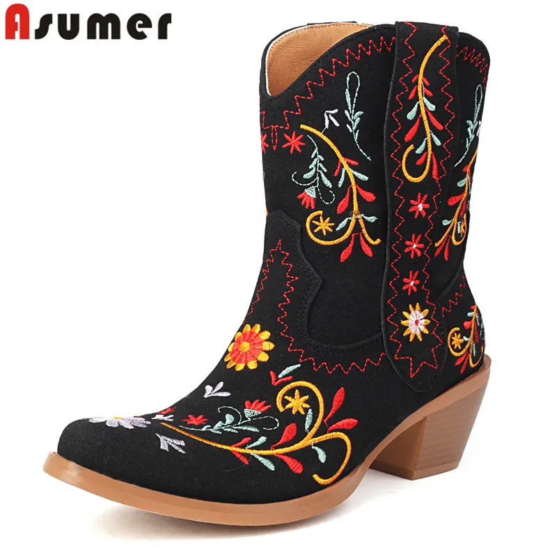 

ASUMER 2024 New Cowboy Western Boots Women Shoes Block High Heels Ankle Boots Pointed Toe Embroidery Pu Leather Ladies Shoes