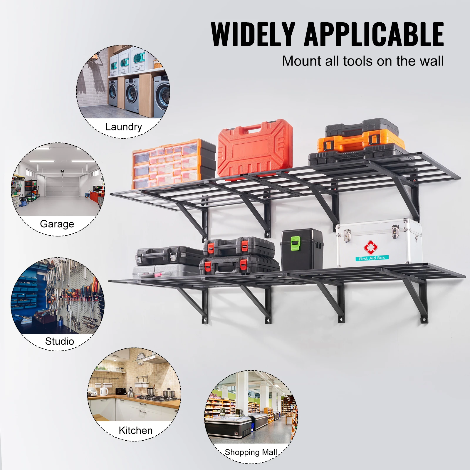 VEVOR 2-Layer Garage Storage Shelving Wall Mounted Tool Box Rack Tool Cabinet Floating Shelves Holder for Shop Workshop 6