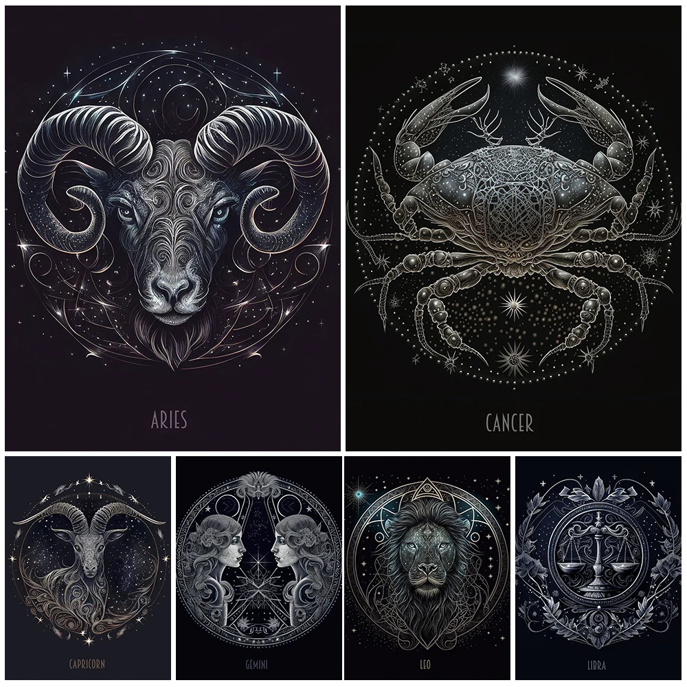

Virgo,Libra,Cancer,Aries,Gemini Zodiac Wall Art Canvas Painting Constellation Astrology Art Poster And Print Home Decor Unframed