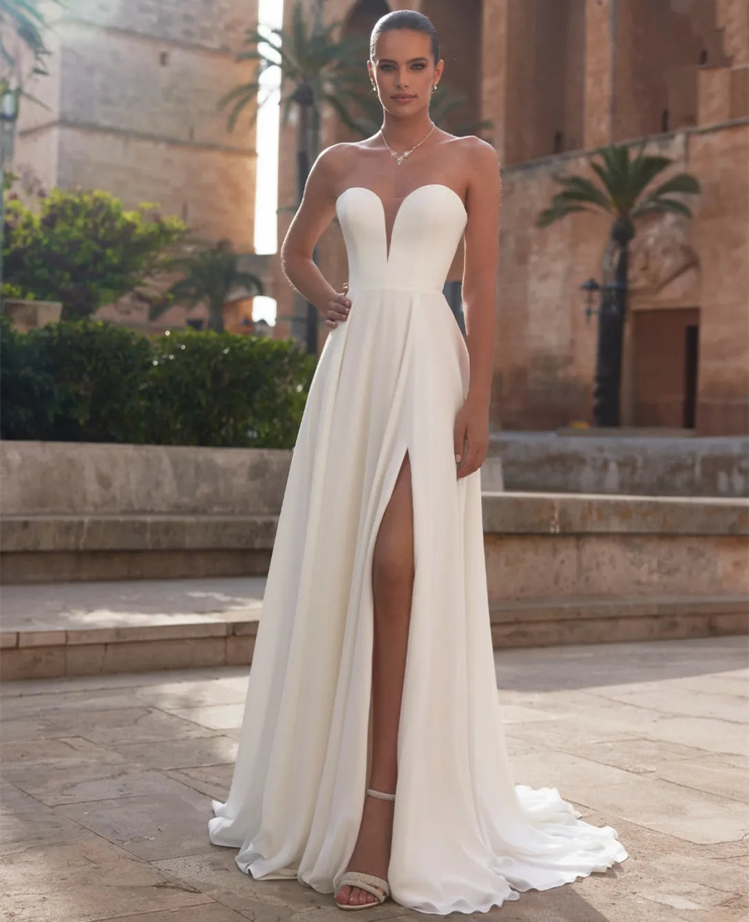 Customized Long Strapless Ivory Wedding Dresses with Slit/Pockets A-Line  Crepe Vestido de novia Lace Up Back Bridal Gown - AliExpress 320