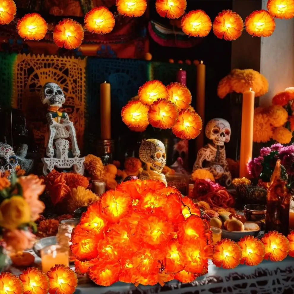 1,5 m lange orangefarbene Ringelblumengirlande mit LEDs für den Tag der Toten, Halloween, Diwali, Urlaub, Party, Heimdekoration, Weihnachtszubehör – Detail 10