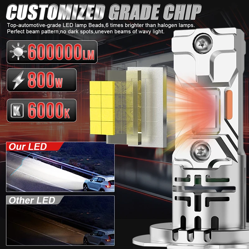 HLXG 무선 미니 LED 헤드라이트 전구, 800W 6000K CSP 자동차 자동 다이오드 램프, 터보 12V 오토바이 LED H11 H8 H9 9005 9006, H7 H4