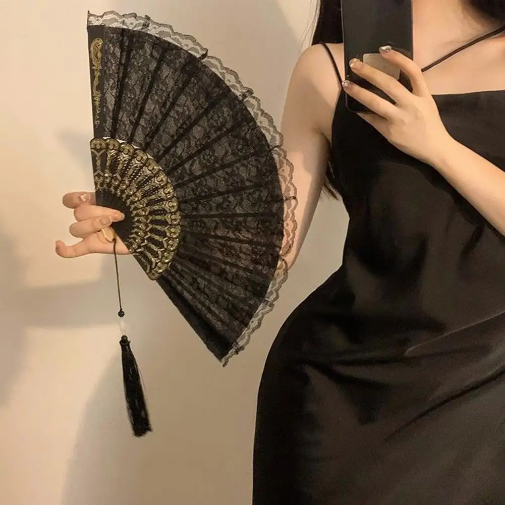 Women Hand Fan Elegant Vintage Lace Folding Fan with Tassel for Summer Parties Dance Performances Hand Held Lolita