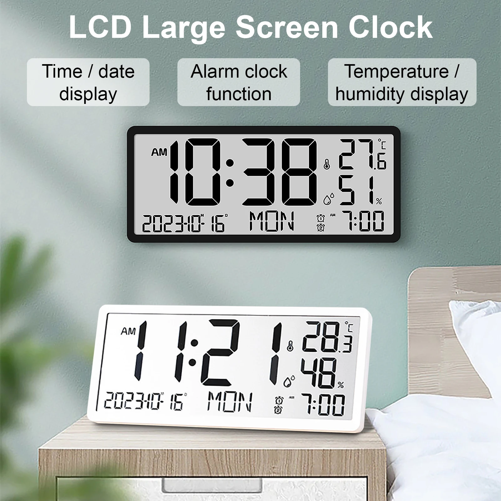 Led Large Screen Digital Wall Clock Temperature Humidity Year Date Time Display Living Room Desktop Electronic Clocks