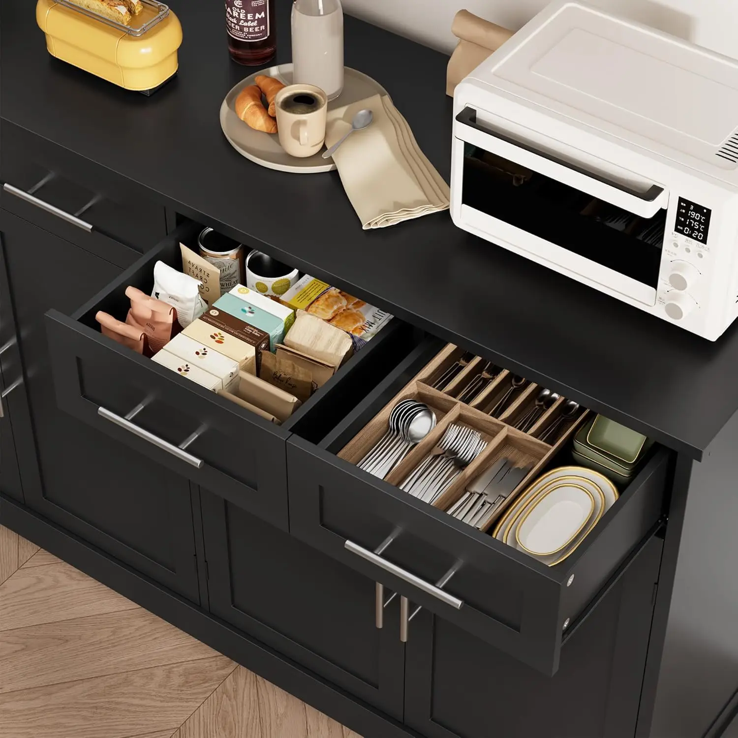 60" Large Buffet Sideboard with Storage, 36" Tall Kitchen Buffet Storage Cabinet with 4 Drawer, Modern Coffee Bar Cabinet with S