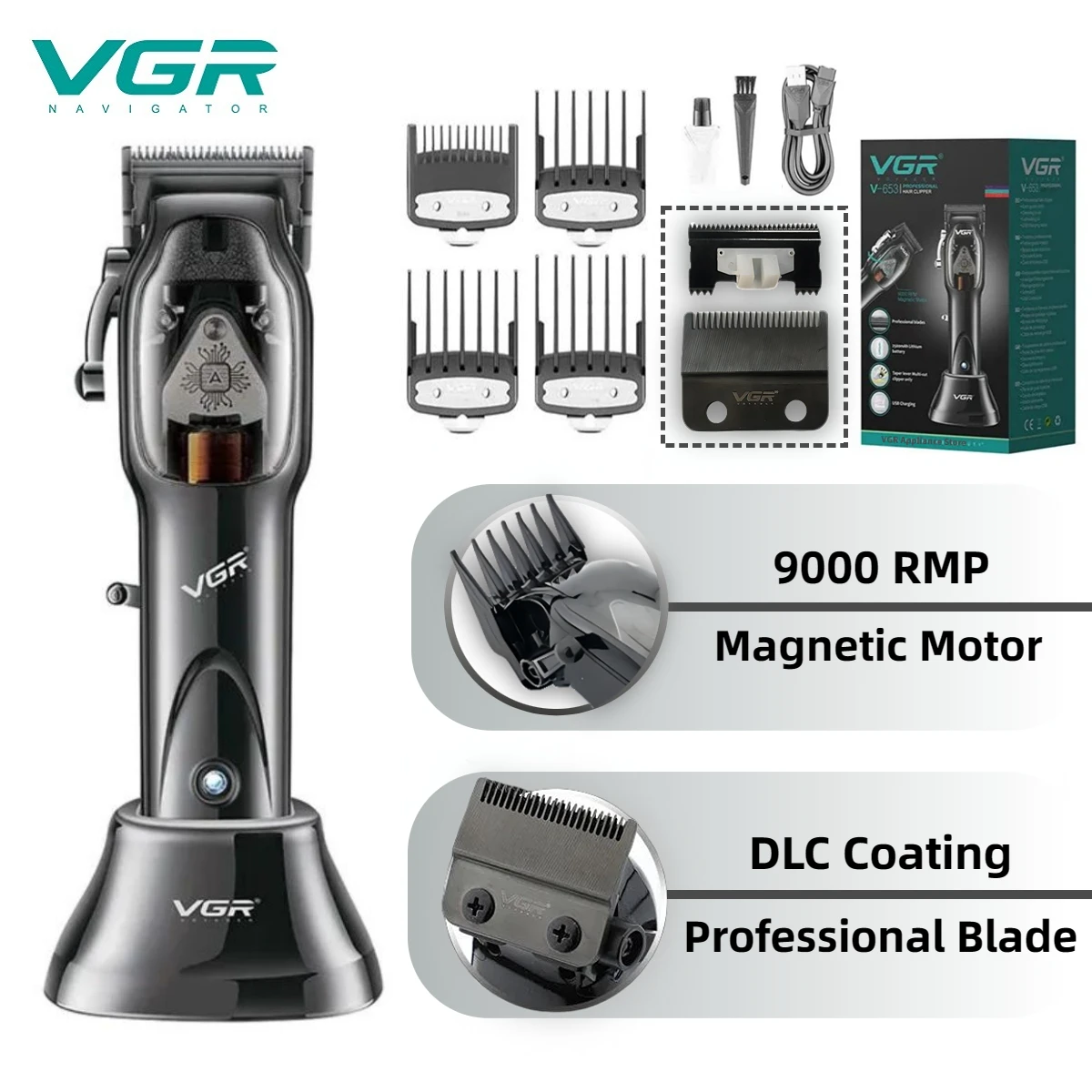 VGR Hair Trimmer Professional Hair Clipper DLC Coating Haircuts Machine High Power Magnetic Power Motor Trimmer for Men V-653