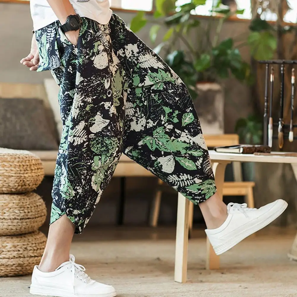 

Casual Trousers Calf-Length Elastic Waistband Comfy Summer Men Chinese Style Pattern Cropped Pants Men Pants Versatile