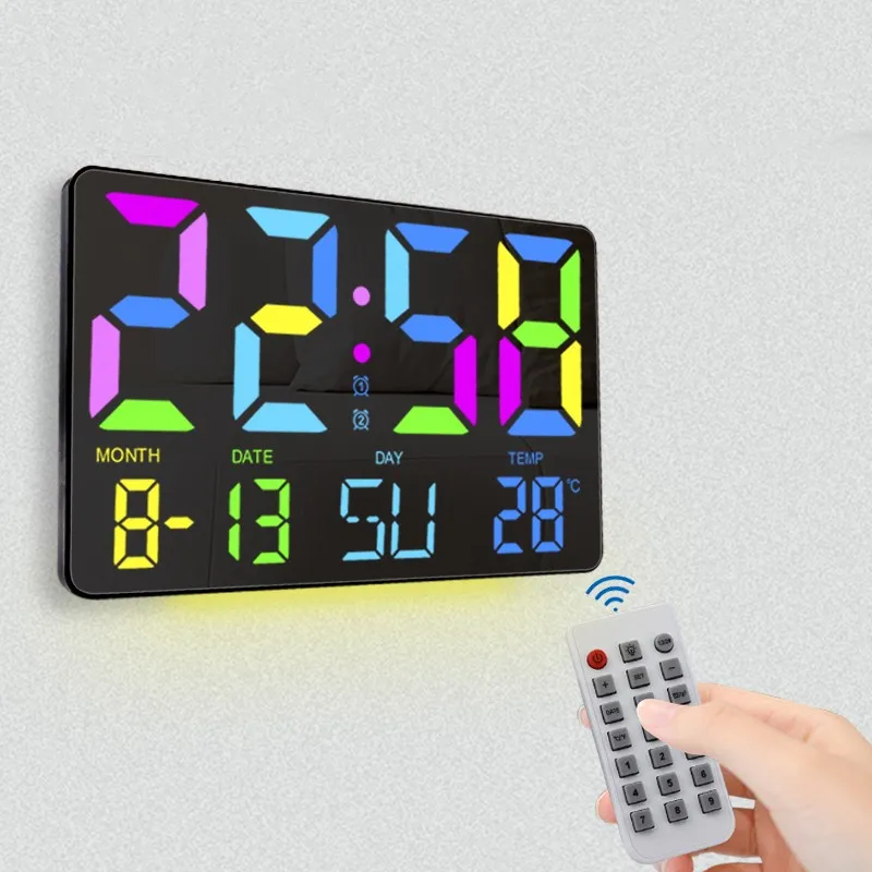 

RGB Rainbow Digital Wall Clock Large LED Display Alarm Clocks With Snooze Remote Control Automatic Brightness Temperature 12/24H