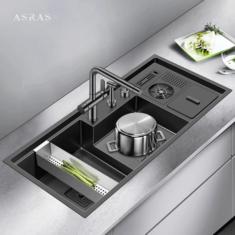 

Nanometer Cup Rinser kitchen Sink Large Size 304 Stainless Steel 220mm Depth 4mm Thickness Handmade kitchen Sinks With Trash Can