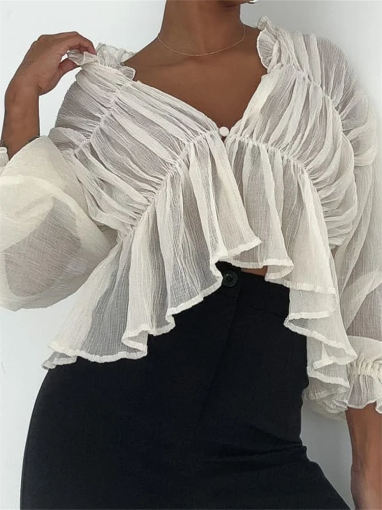 

CHRONSTYLE Women Spring Summer Shirts Mesh Sheer See Through Crop Tops Long Sleeve Deep V Neck Solid Ruched Ruffles Blouses 2024