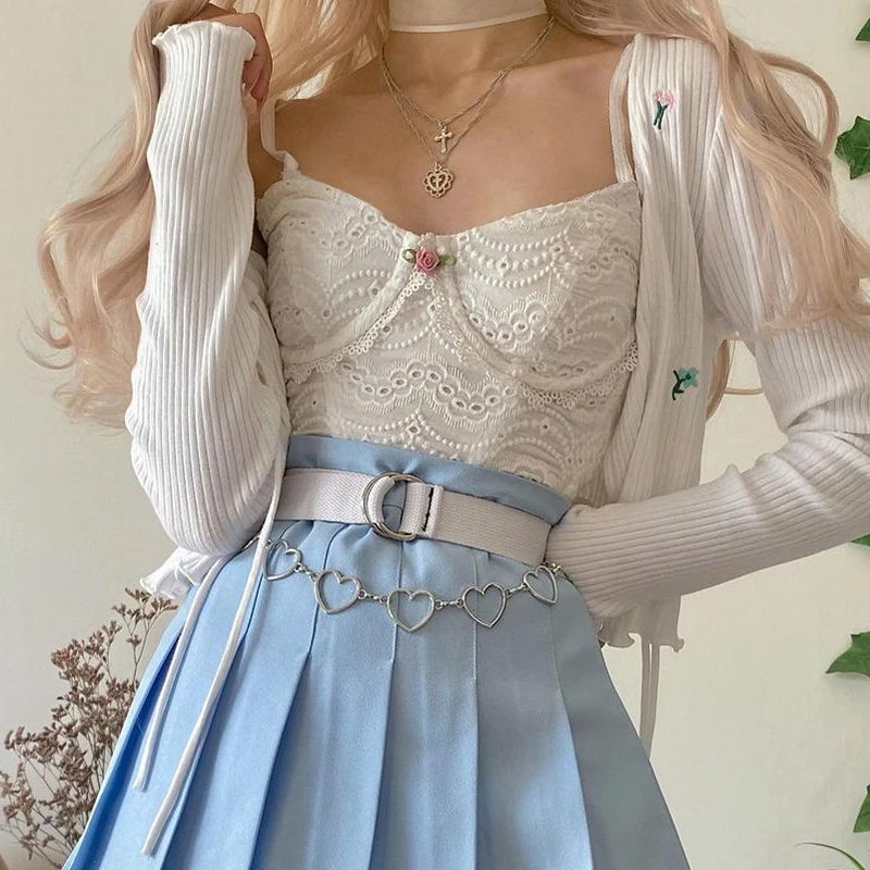 cotton camisole IAMHOTTY Kawaii White Lace Corset Women Y2K Aesthetic Camis Sleeveless Milkmaid Cute Crop Top Tie Flower Lolita Zipper Bustiers corset t shirt