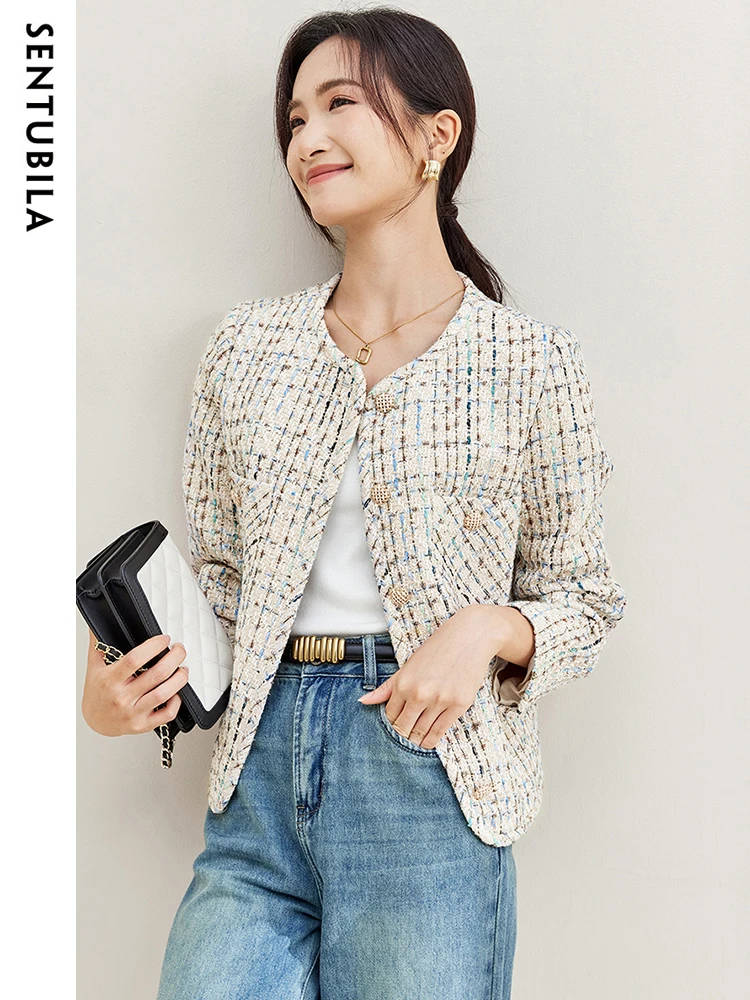 SENTUBILA Contrast Plaid Cropped Tweed Jacket for Women 2023 Elegant Straight Long Sleeve Autumn Winter Short Coats 133W49788