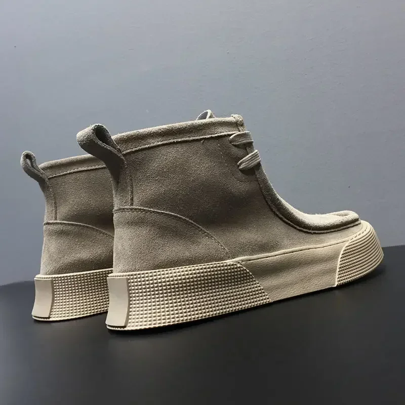 Men Retro Leather Shoes Thick Sole Mid Top Couple Casual Short Boots Autumn/Winter Men's Ankle Boots Thick Sole Desert