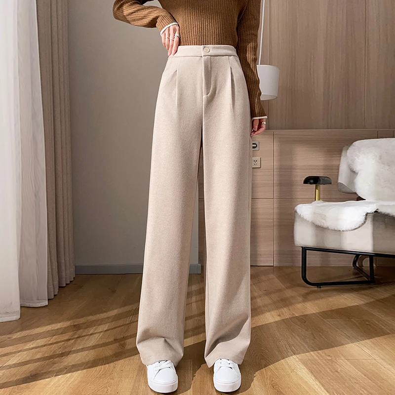 New 2022 Women Warm Autumn Winter Thick Pants Woolen Trousers High Waist  Casual Korean Fashion Loose Female Wide Leg Pant