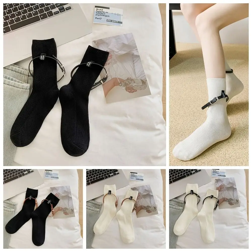 

with Belts Women's Socks Cotton Boneless Stitching Korean Style Short Socks Solid Color Medium Tube Korean Style Dressing Girl