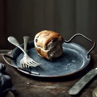 High quality Metal Bread Tray With Handle Old Iron Home Decor Tableware Plate with handle round tray for food & home photo prop 1