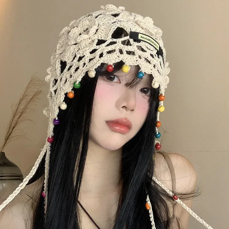 Handmade Crochet Hat Y2k Fashion Hollow Beanie Hat Cap with Beads Tassle Thread Knitting Thin  Baotou Hat for Decoration Japan 3