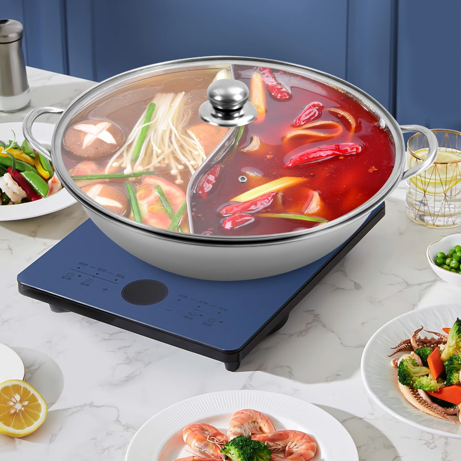34cm Stainless Steel Hot Pot with Divider Shabushabu Pot with Glass Lid Compatible Double-flavor Cookware Set Kitchen Cooker