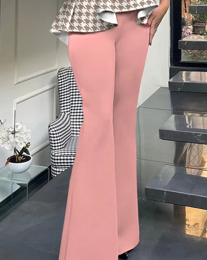 Fashion Women 2023 Autumn Spring Casual Elegant V-Neck Two Piece Sets Outfit Houndstooth Print Ruffles Top & Flared Pants Set